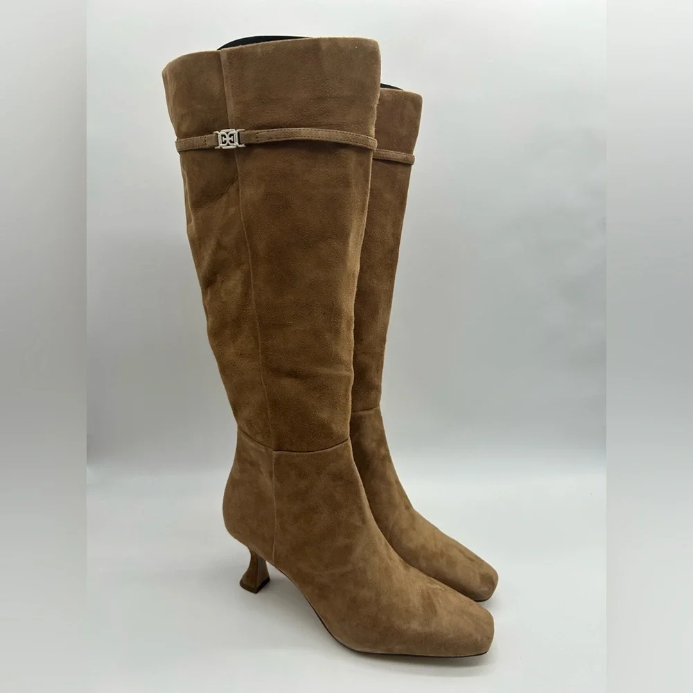 Sam Edelman Lyla Taupe Suede Knee High Boots Wide Calf Size 6.5 Kitten Heel NIB